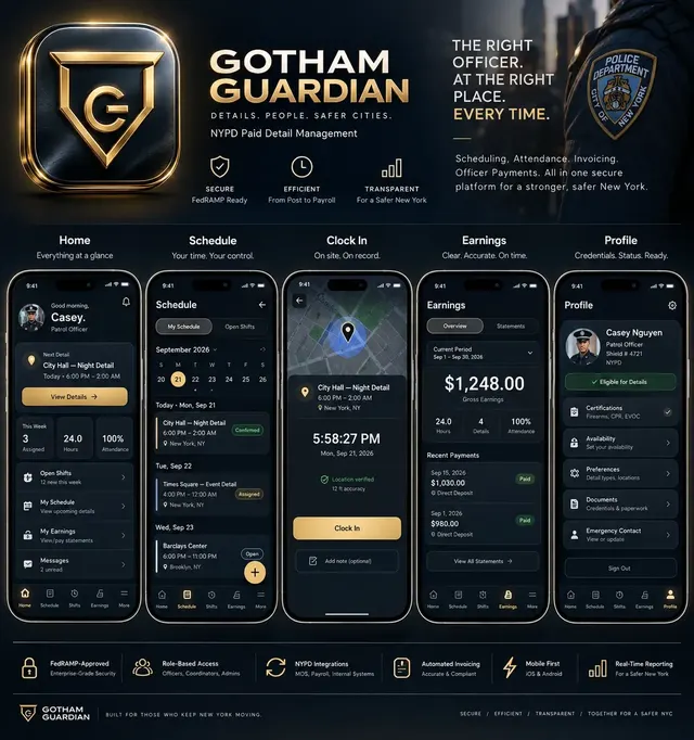 Gotham Guardian overview board with the shield logo and the Home, Schedule, Clock In, Earnings and Profile screens